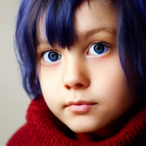 Prompt: beautiful cute girl with short blue hair, big brown eyes, wearing a brown sweater