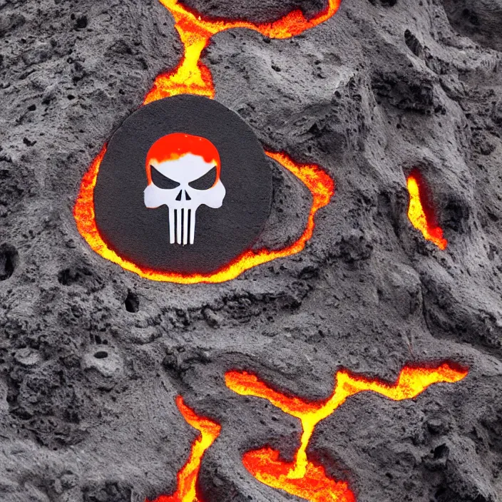 Image similar to wide angle scene of volcano caldera in the form of the punisher skull icon. punisher icon is lava lake with flowing fountains and rivers of lava. detailed, high art, intricate, artisan