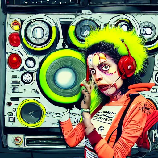 Image similar to a portrait of an anthropomorphic tennis ball monster by sandra chevrier, detailed render, tape deck, boombox, headphones, epic composition, cybernetics, 4 k realistic, cryengine, realistic shaded lighting, sharp focus, masterpiece, by matteo scalera, gary montalbano, peter elson in the style of the tokyo ghost comic