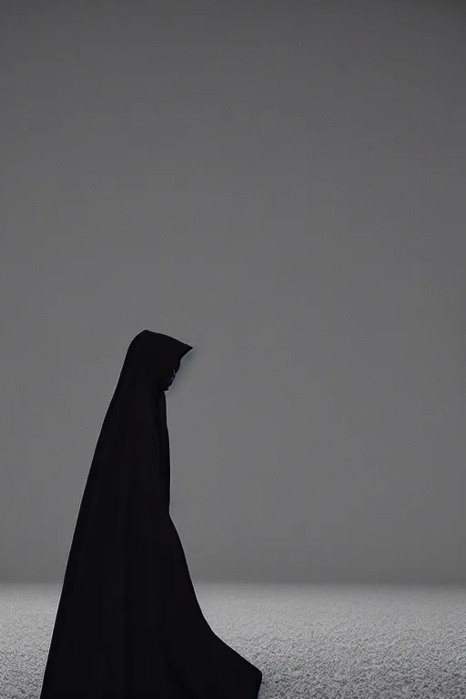 Prompt: a girl wearing long futuristic dark cloak by yohji yamamoto standing in a shadow of the moon light, sense of mystery, muted colors, simple shapes, long shot, full shot, by bill henson, by gregory crewdson, golden ratio, perfect composition, dramatic, fine detail, intricate, octane render, 8 k