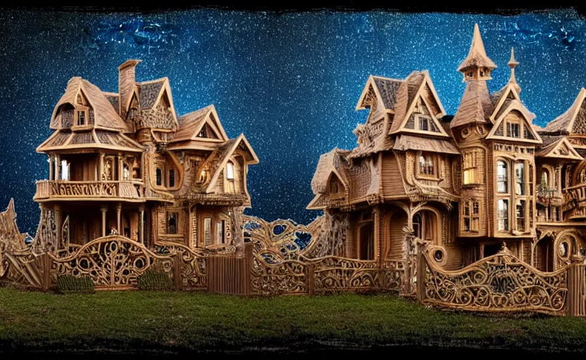 Image similar to one single stand alone huge hyperdetailed elaborate home, seen from the long distance, at night. in a wood made of paper and plastics. maximalist unespected elements. free sky in matte warm tones. 8 x 1 6 k hd mixed media 3 d collage in the style of a childrenbook illustration in pastel tones. matte background no frame hd