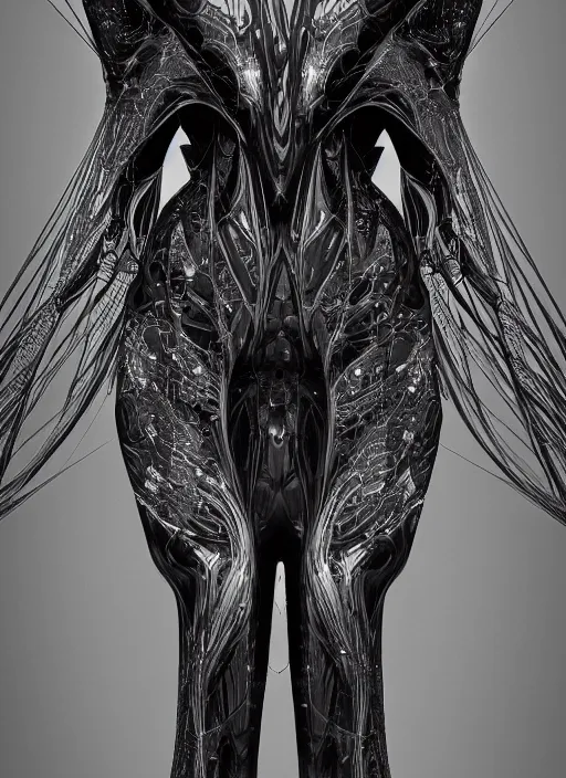 Image similar to cyberpunk noir by zaha hadid, iris van herpen and rick owens. highly detailed, hyper - real, very beautiful, intricate fractal details, very complex, opulent, epic, mysterious, polished, futuristic design, trending on deviantart and artstation