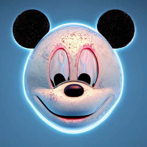 Prompt: mickey mouse head, fractal, broken, wet, mycelium, jupiterian, radiant alien, rococo, baroque, automotive, bio-mechanical, porcelain, iridescent sub surface scattering, octane render