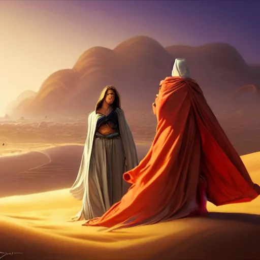 Image similar to three robed women on a sand dune, realistic, female, city in background, D&D, fantasy, intricate, elegant, highly detailed, digital painting, artstation, octane render, concept art, matte, sharp focus, illustration, hearthstone, shallow depth of field, dramatic lighting, art by Artgerm and Greg Rutkowski and Alphonse Mucha