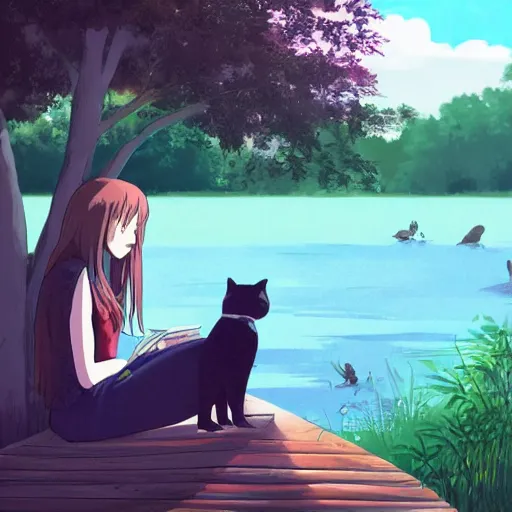 Prompt: girl sitting by the lake with her cat, sunshine, studio ghibli, trending on artstation