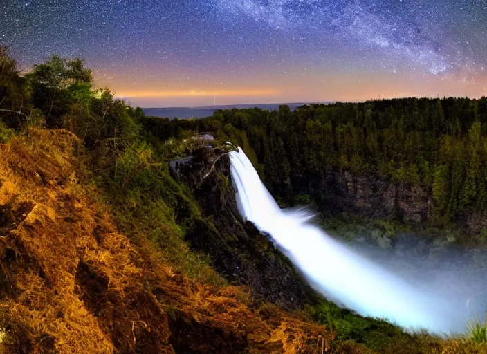 Image similar to a long capture photo of a magical waterfall, high cliff, night, stars in the sky