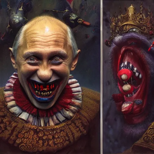 Image similar to vladimir putin, drunk jester, drunk circus performance, wearing clown nose, horror teeth, fantasy 3 d render, masterpiece, by donato giancola and greg rutkowski and wayne barlow and zdzisław beksinski, realistic face