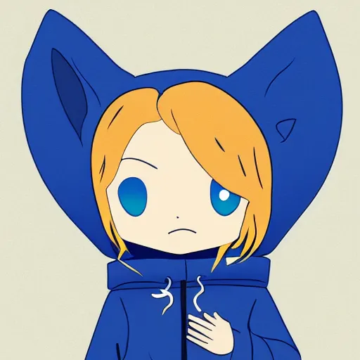 Prompt: a blonde girl in a black hoodie holding a blahaj blue shark plush from ikea, anime style digital art