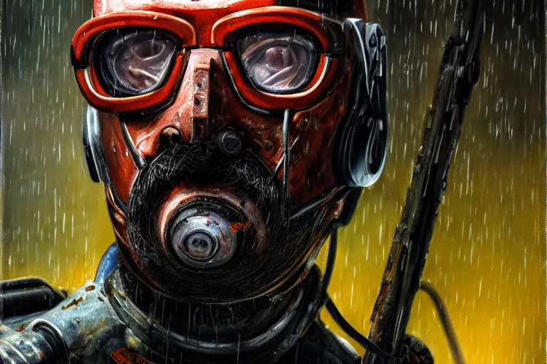 Image similar to photorealistic oil painting of gordon freeman in a damaged, scratched and worn down hev suit, night, rain, dense fog, dark room, cinematic, volumetric lighting, f 8 aperture, cinematic eastman 5 3 8 4 film, photorealistic