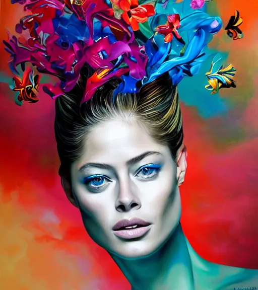 Image similar to beautiful painting of doutzen kroes, contemporary, colorful acrylic, airbrush painting, realistic portrait by kehinde wiley and archan nair