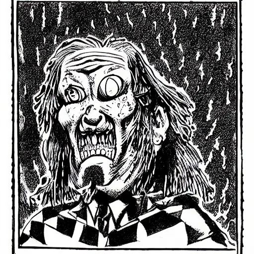 Prompt: a Pop Wonder scary horror themed goofy-hilarious-character r-Crumb, dime-store-comic drawn with charcoal and pen and ink, half-tone-line-stacking