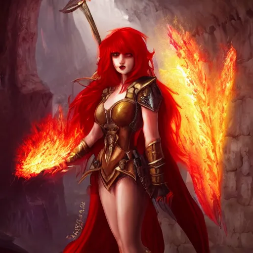 Prompt: fantasy concept art, ( ( winged ) ) ( red hair woman ) ( flaming sword ) ( ( ( plate armor ) ) ) ( ( ( ( devilish smile ) ) ) ), 4 k, painting