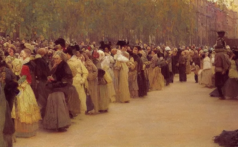 Prompt: high quality high detail painting by ilya repin, huge line of people fading into the background, hd