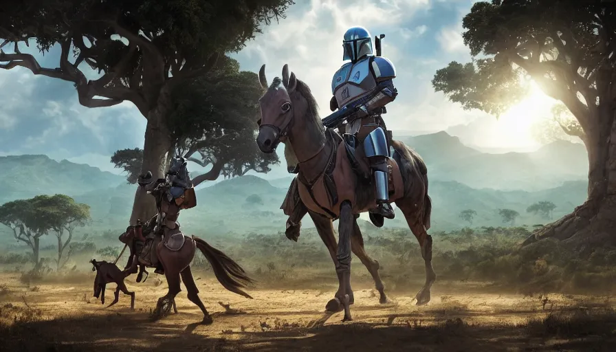 Prompt: mandalorian riding a horse alone, madagascar with baobabs trees in the background, tribe members chasing for an attack, action scene, an epic fantasy, artgerm and greg rutkowski and alphonse mucha, an epic fantasy, volumetric light, detailed, establishing shot, cinematic, photorealistic, trending on art station, octane render, midsommar