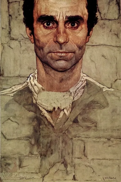 Image similar to a closer personal portrait of ted bundy with very piercing eyes, very charismatic. in the old ancient temple of luxor. masterpiece, dark. painted by norman rockwell and james gurney