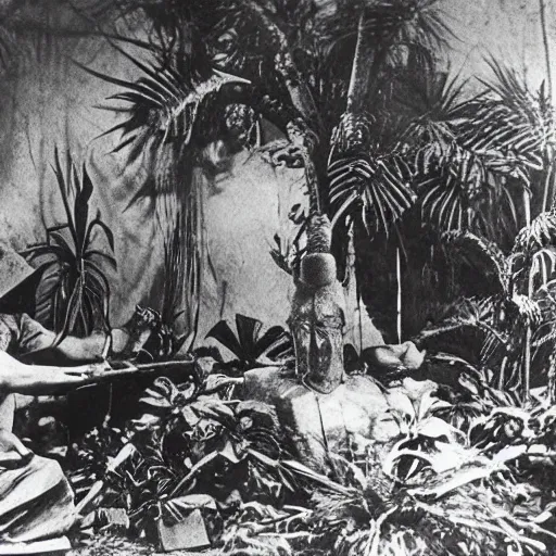 Image similar to lost film footage of a sacred ( ( ( ( ( ( indigenous ) ) ) ) ) ) artifact in the middle of the ( ( ( ( ( ( ( ( ( ( tropical jungle ) ) ) ) ) ) ) ) ) ) / ethnographic object / film still / cinematic / enhanced / 1 9 0 0 s / black and white / grain