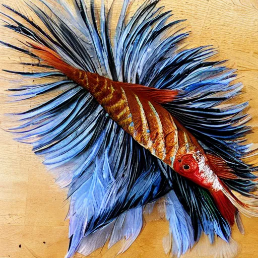 Prompt: fish : : made of feathers : :