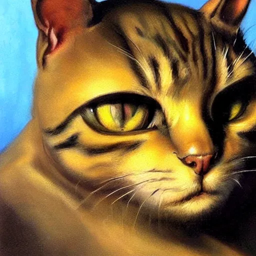 Image similar to ultra realistic portrait painting of cat, art by frank frazetta, 4 k, ultra realistic, highly detailed, epic lighting