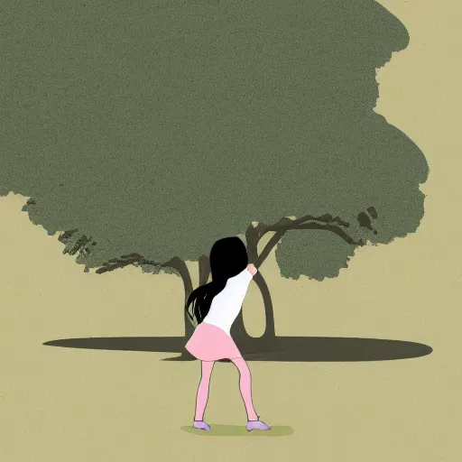 Prompt: minimal illustration of a girl dancing near an old strong tall green persian cypress tree in wind