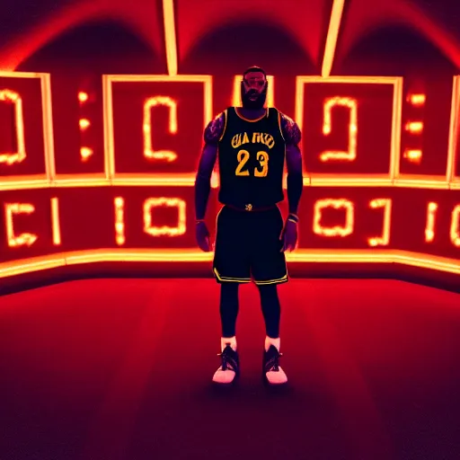 Prompt: lebron james in the black lodge of twin peaks, film grain, wide shot, photorealism