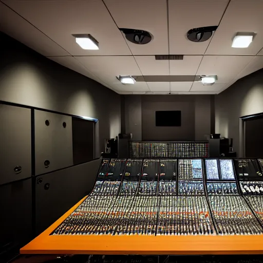 Prompt: Sharp photo of a mixing and mastering engineering studio. Expensive Genelec mastering loudspeakers, a large mixing desk. Emmy Award-winning mixing engineer studio. Cinematic dark lighting, dusty Atmosphere, award-winning photography, 35 mm f/2.8 photography. Sharp, 4k, anamorphic lens. Very, very detailed