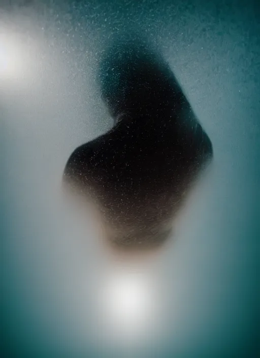 Image similar to crystallized human silhouette, large diffused glowing aura, long exposure, film grain, cinematic lighting, concept art, maximum detail, cgsociety, underwater, reflections, mirrors