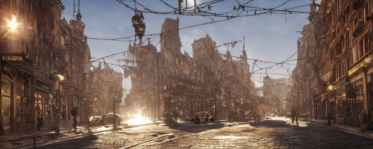 Prompt: photorealistic steampunk city streets. daylight. sunlight. lens flare. light fixtures. 8K. detailed. photorealistic, trending on Artstation. 25mm f/1.7 ASPH Lens. ultra realistic