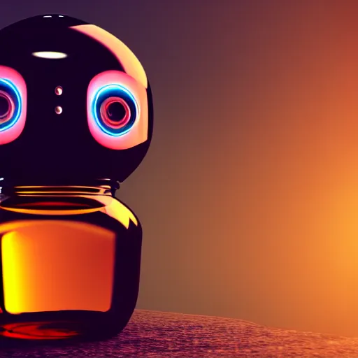Prompt: a cute little robot sit in a big bottle. super realistic 8 k render of a dark hooded powerful elegant, cinematic composition