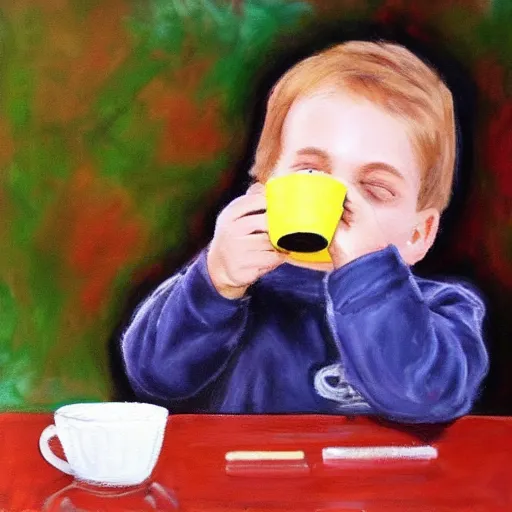 Image similar to ! little boy drinking hot chocolate and looking at a wallet near him on the table. painting.