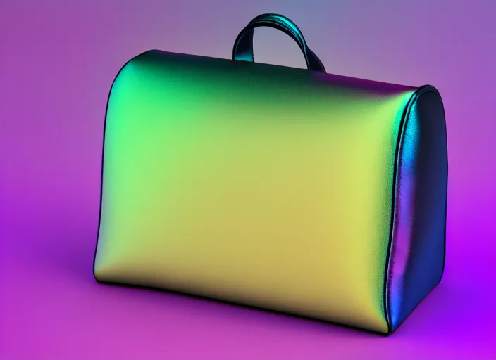 Image similar to cool iridiscent bag, fashion design, xf iq 4, 1 5 0 mp, 5 0 mm, iso 2 0 0, 1 / 1 6 0 s, natural light, octane render, adobe lightroom, rule of thirds, symmetrical balance, depth layering, polarizing filter, sense of depth, ai enhanced