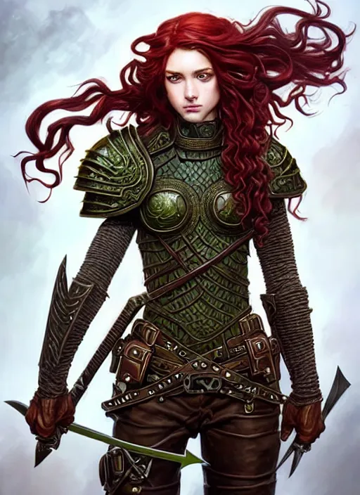 Image similar to ranger, leather armor!!! long curly red hair!! covered chest!!! green eyes, fantasy, d & d, intricate ornate details, digital painting, pretty face!!, symmetry, concept art, sharp focus, illustration, art by artgerm! greg rutkowski magali villeneuve wlop! ilya kuvshinov!!, octane render