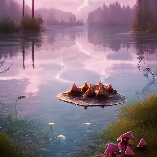 Image similar to a beautiful lake with cute little mushrooms growing around it, by roman shipunov, etienne hebinger, atey ghailan, cgsociety, cynical realism, fantasy art, 2 d game art