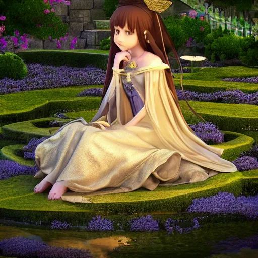 Image similar to a pleasant, beautiful, funny, smooth 3D CG render, semirealistic anime style, a noble priestess magician princess girl wearing dress and jewelry, in a glorious magic kingdom with castle and walls, relaxing calm vibes, fairytale, octane render