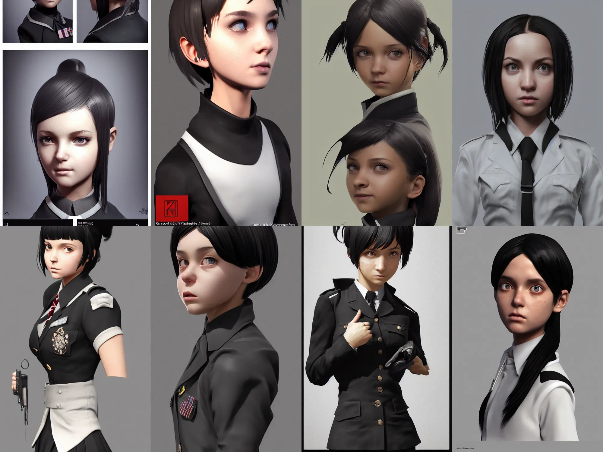 Prompt: Zbrush sculpt colored, Octane render in Maya and Houdini VFX, realistic schoolgirl, in black military uniform, black silky hair, black stunning deep eyes. By ilya kuvshinov, krenz cushart, Greg Rutkowski, trending on artstation. Amazing textured brush strokes. Cinematic dramatic soft volumetric studio lighting