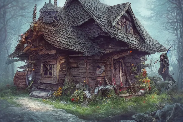 Prompt: a hyperrealistic fantasy illustration of Baba-Yaga's house. Trending on ArtStation. In the style of Jason Chan and Tuomas Korpi.