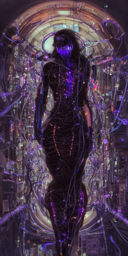 Image similar to dark cyberpunk woman amongst cables and computers by johnson tsang and alphonse mucha, portrait, fantasy, clear, soft, uhd, amazing depth, cinematic lighting