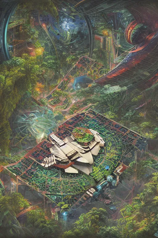 Image similar to aerial view of a multi level spaceship botanical garden in space, by artgerm, tom bagshaw, gerald brom, vaporwave colors, lo - fi colors, vaporwave, lo - fi, moody vibe, goth vibe, full body, rendered by substance designer, cel shading, toon shading, smooth,