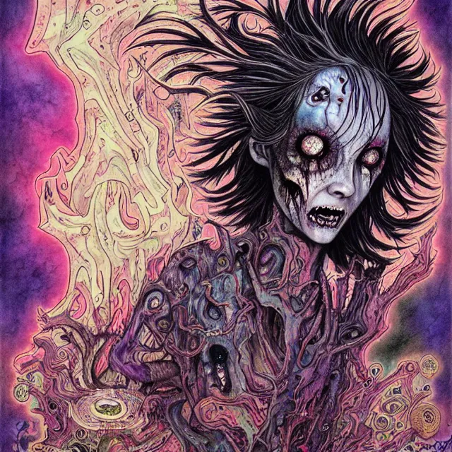 Prompt: complex, black ink & copic markers, spiritual horror lsd art in muted colors, disturbing grunge still of a lovecraftian demon infested cashier at wallmart, by arthur adams, by tom bagshaw, by henry asencio, by kikuchi hideyuki