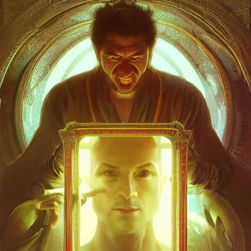 Image similar to selfportrait of a madman looking at his soul in the mirror, portrait, intricate, detailed, volumetric lighting, scenery, digital painting, highly detailed, artstation, sharp focus, illustration, artstation, art by artgerm and greg rutkowski and alphonse mucha