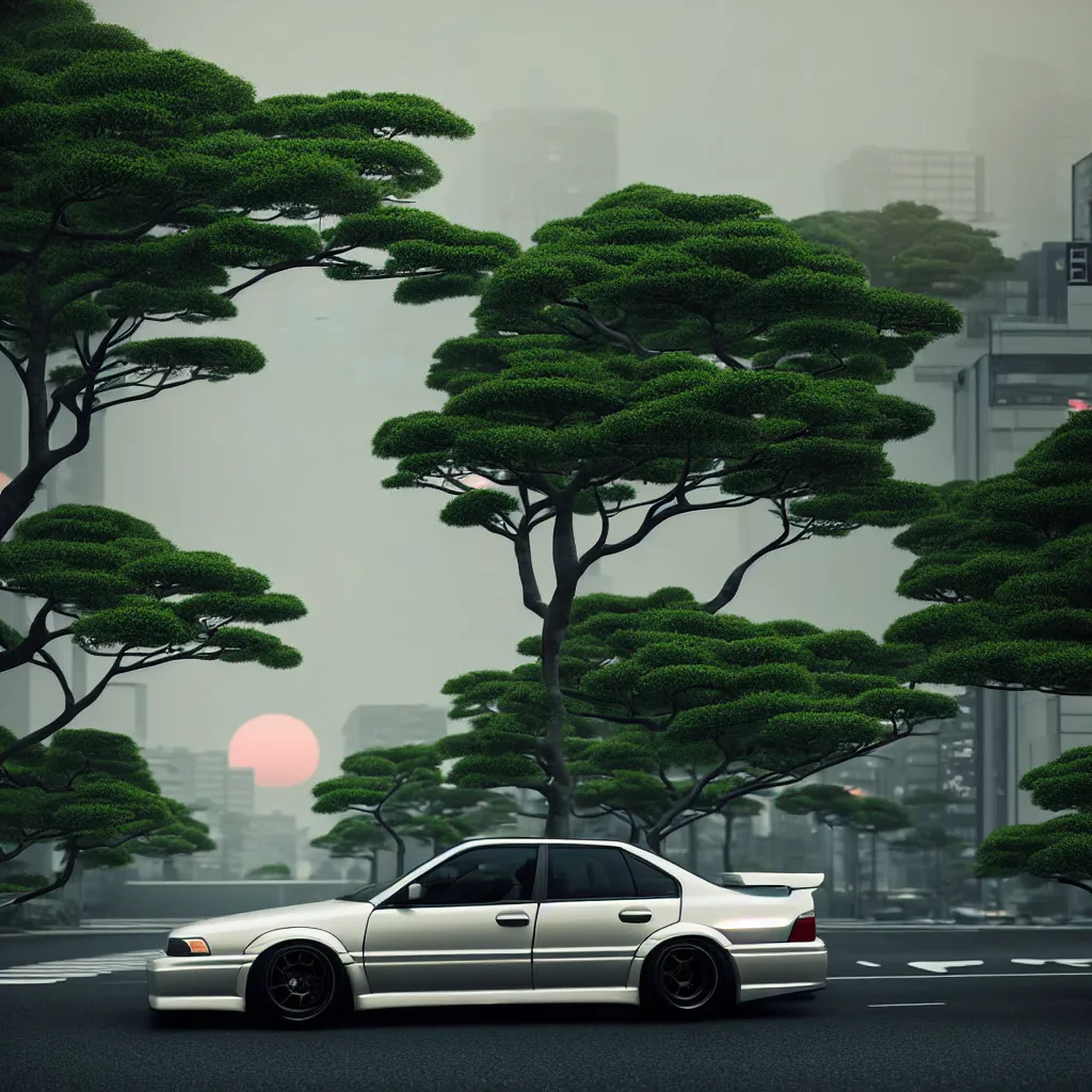 Prompt: car in center JZX100 twin turbo drift on a road, surrounded by trees and buidlings in Tokyo prefecture, rooftops are Japanese architecture, city at sunset heavy mist over streetlights, cinematic lighting, photorealistic, detailed wheels, highly detailed, ASDF render