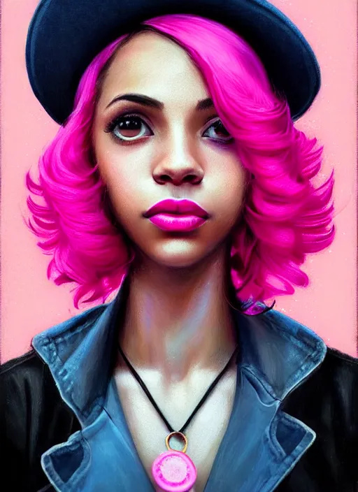 Image similar to portrait of teenage vanessa morgan with bright pink hair, black girl, curly pixie cut hair, wearing newsboy cap, pink short haircut, newsboy cap, hoop earrings, blue eyes, intricate, elegant, glowing lights, highly detailed, digital painting, artstation, concept art, smooth, sharp focus, illustration, art by wlop, mars ravelo and greg rutkowski