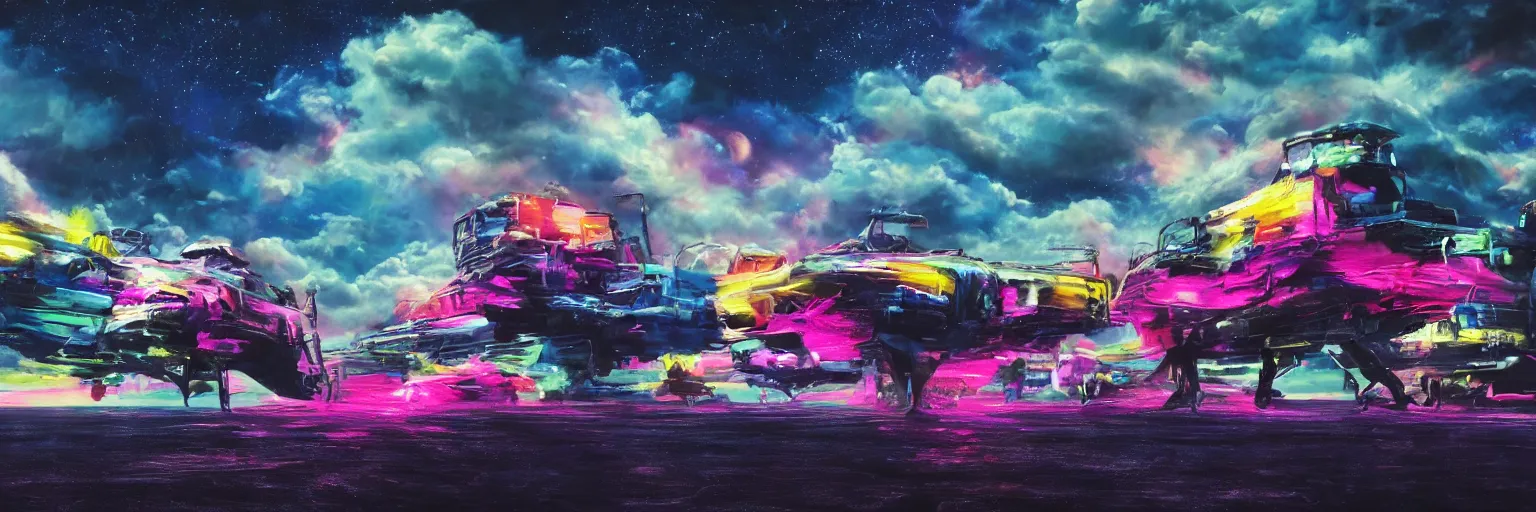 Image similar to oil painting, ultra detailed, the middle view dog, run, spase dogs and punks running with neon mohawks, space, dark, stars, pink, pirate neon ship with punks on board, neon, rich deep colors masterpiece, contrast, clouds, sky, volumetric light, atmospheric lighting, dramatic, cinematic, moody, octane render 4 k, 8 k