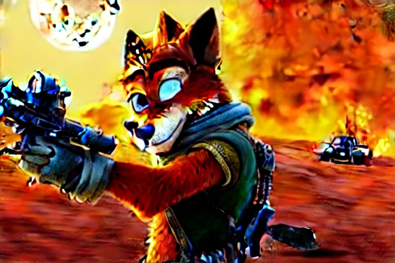 Image similar to nick wilde, heavily armed and armored facing down armageddon in a dark and gritty reboot from the makers of mad max : fury road : witness me