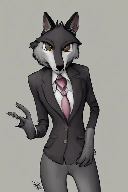 Image similar to art of anthromorphic female wolf, in style of cory loftis, female fursona, furry, furaffinity, 4 k, deviantart, furry art, fursona art, wearing black business suit, business suit, in style of cory loftis, wolf fursona, cyberpunk, female, very expressive detailed feminine face,