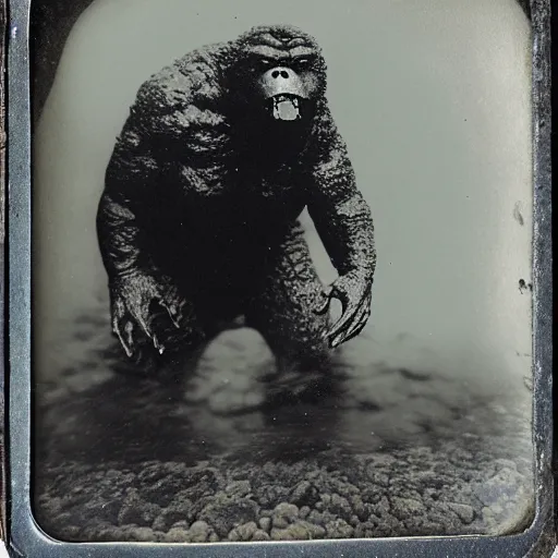 Image similar to tintype photo, underwater, Bigfoot fighting Godzilla