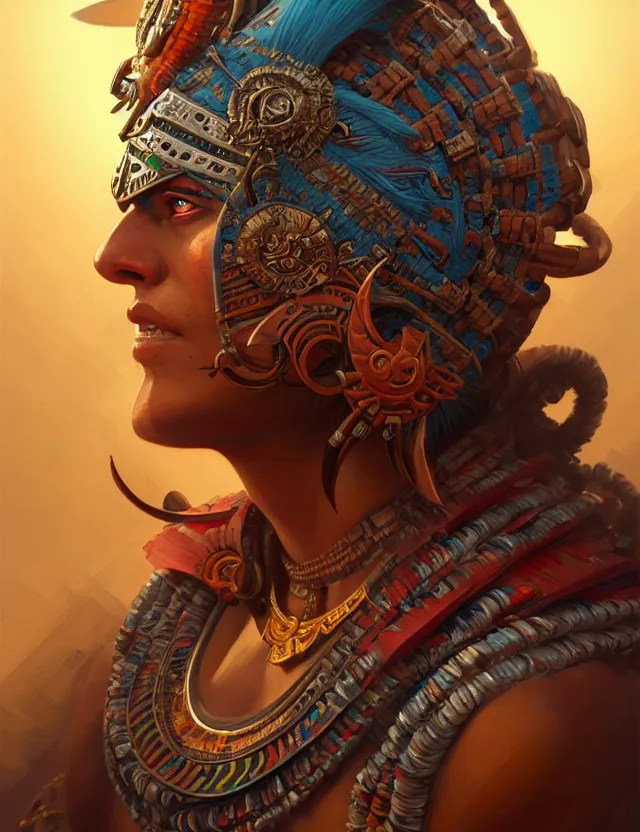 Prompt: ultra realistic illustration, aztec warrior, intricate, highly detailed, digital painting, artstation, cgnode, concept art, smooth, sharp focus, cinematic lighting, colorful, art by artgerm and peter mohrbacher and fenghua zhong