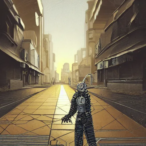 Image similar to gold and silver tones, cybernetic cat in a deserted town, style of moebius, james jean, rutkowski, cinematic, high detail, award winning, 8 k photorealistic