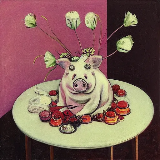 Image similar to “a portrait in an art student’s apartment, feminine pigs as flowers in an elaborate dramatic flower arrangement, pork, ikebana white flowers, white wax, squashed berries, acrylic and spray paint and oilstick on canvas, by munch and Dali”