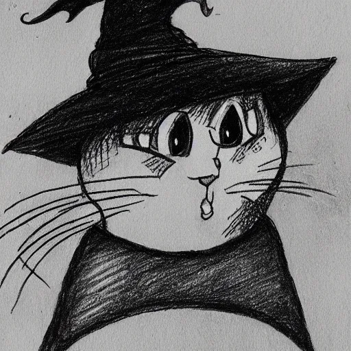 Image similar to drawing of a cat using witch hat. cartoon. cute. anime style.