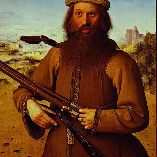 Prompt: portrait of bedouin man with rifle, beard, oil painting by jan van eyck, northern renaissance art, oil on canvas, wet - on - wet technique, realistic, expressive emotions, intricate textures, illusionistic detail,